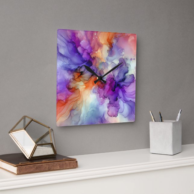 Relógio Quadrado Abstrato de Tinta de Álcool Laranja e Roxo (Escritório)
