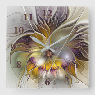 Relógio Quadrado Abstrato Fantasia Colorida Flor Moderna Fractal