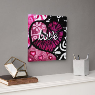Relógio Quadrado Abstrato Love Heart Pink Floral Bolinhas Pretas