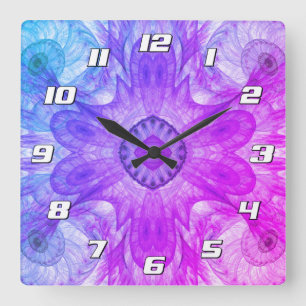 Relógio Quadrado Abstrato Moderno Fractal Rosa Azul com Números