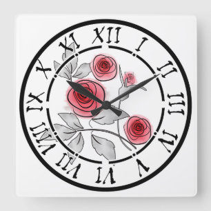 Relógio Quadrado Abstrato moderno rosa flores cinza vermelho branco
