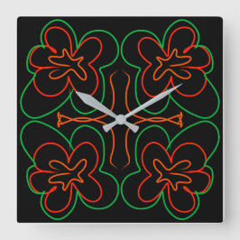 Relógio Quadrado Abstrato verde e design de flores laranja
