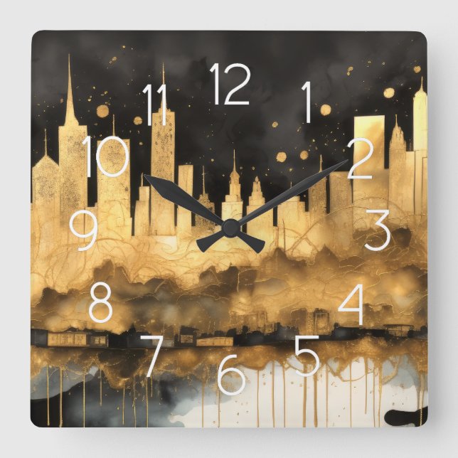 Relógio Quadrado Abstrato Watercolor Painting Dourada Cityscape (Frente)