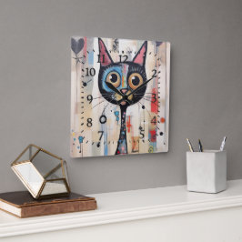 Relógio Quadrado Abstrato Wide Eyed Happy Cat
