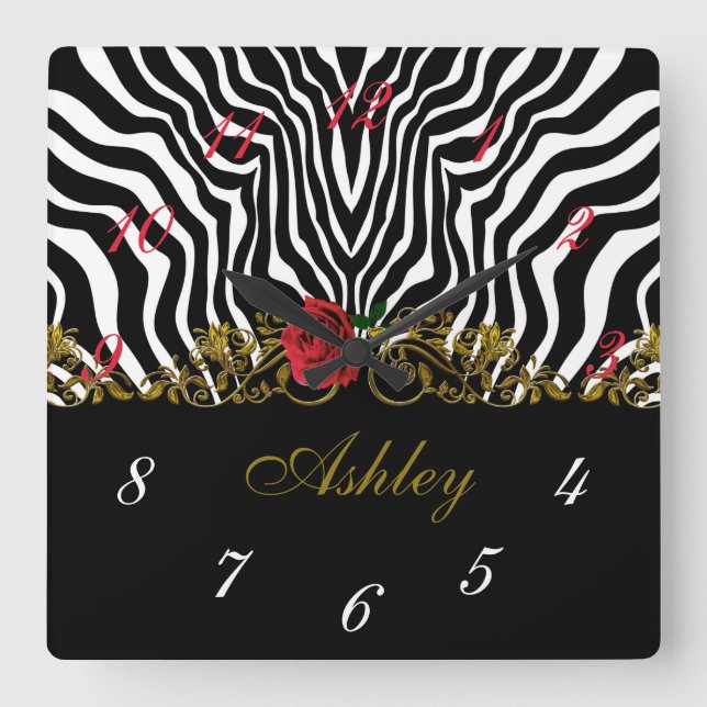 Relógio Quadrado Abstrato Zebra Flor Vermelho Negro Branco Dourado  (Frente)
