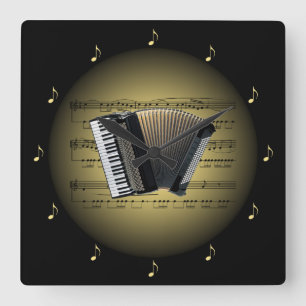 Relógio Quadrado Accordion 3-D Gold Globe ~ Sheet Music ~ Black BG
