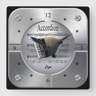 Relógio Quadrado Acordeão ~ Folha Música ~ Pincelada Cor ~