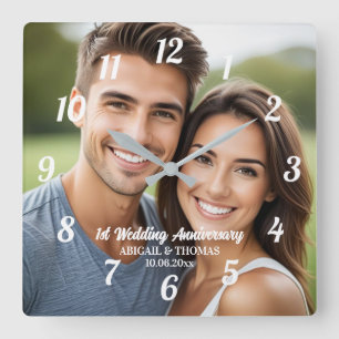 Relógio Quadrado Adicione Sua Própria Foto de Casal 1º Aniversário