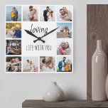 Relógio Quadrado Adorando a vida com você Cite 12 Foto em branco<br><div class="desc">Relógio de fotos com citação feliz e 12 de suas fotos favoritas de família e amigos. O modelo de foto está configurado para você criar sua própria colagem de fotos no estilo de grade para enquadrar a citação dizendo "amar a vida com você". O design é escrito em uma escrita...</div>