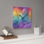 Relógio Quadrado Aesthetic Gradient Mountain Abstract Square<br><div class="desc">Elevate your home decor with this stunning square wall clock featuring a captivating abstract gradient landscape. The design uses a beautiful translucent gradient palette of soft violets, deep indigos, and warm golden-orange hues, creating a layered, ethereal effect reminiscent of a mystical sunset. Its minimalist, numberless face and sleek black tapered...</div>