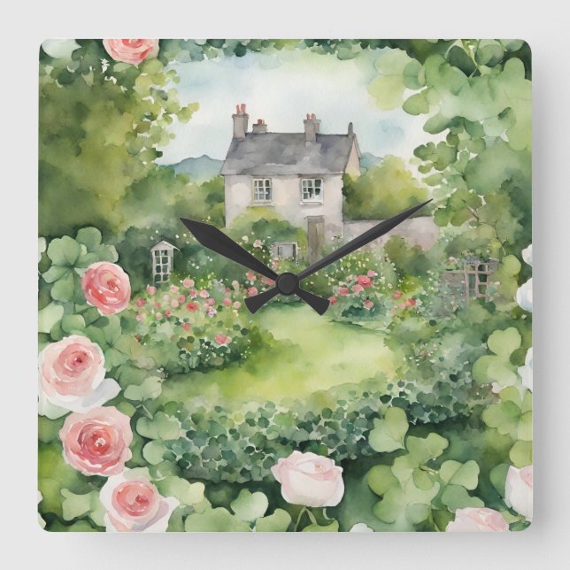 Relógio Quadrado Aestic Watercolor Irish Village Rosa (Frente)