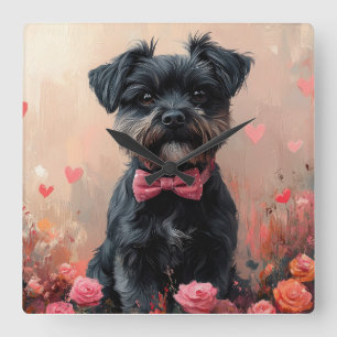 Relógio Quadrado Affenpinscher com Rosas - Dia dos Namorados