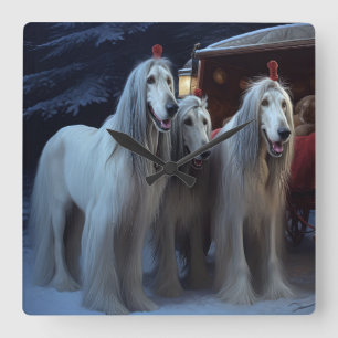 Relógio Quadrado Afghan Hound Snowy Sleigh Ride Casey Decor