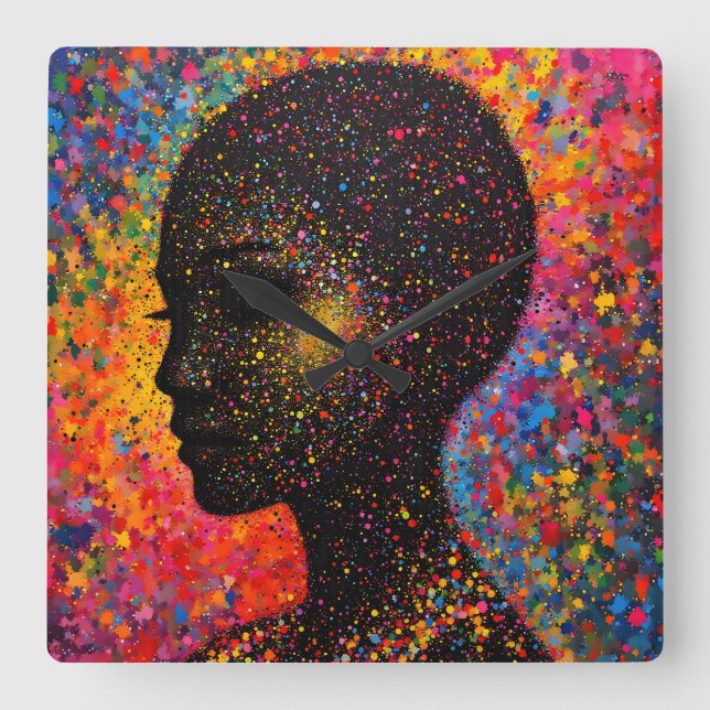 Relógio Quadrado Afro Nebula Whisper – Black History Celebration (Frente)