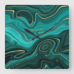 Relógio Quadrado Ágata Teal e Dourada Personalizada