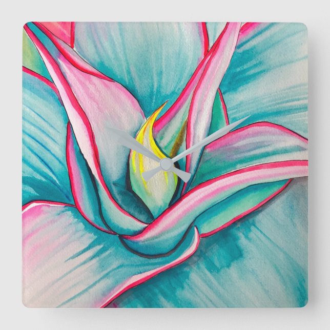 Relógio Quadrado Agave watercolor de arte fina suculenta (Frente)