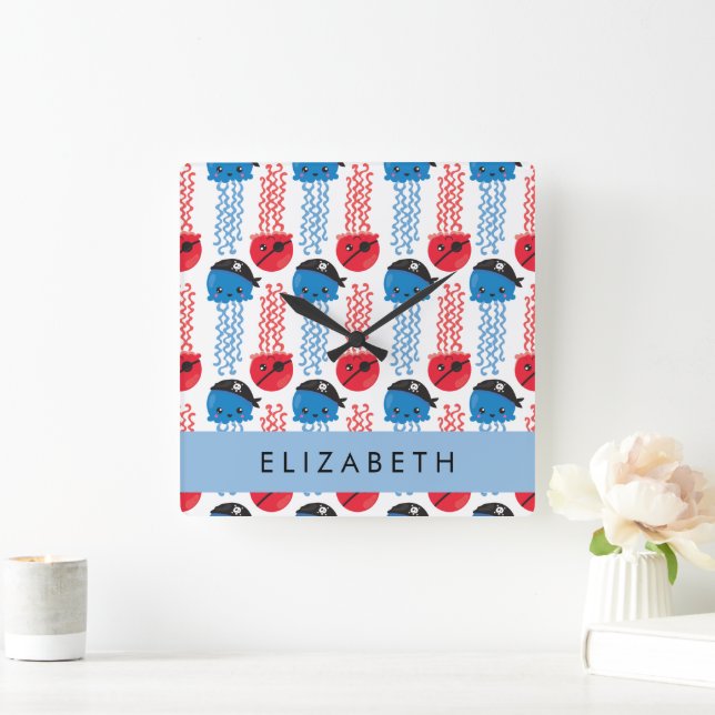 Relógio Quadrado Água-viva pirata, padrão de água-viva, seu nome (Lar)