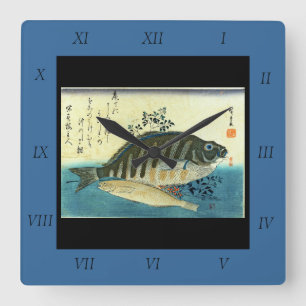 Relógio Quadrado Ainame & Shima-hata - Peixe Japonês de Hiroshige
