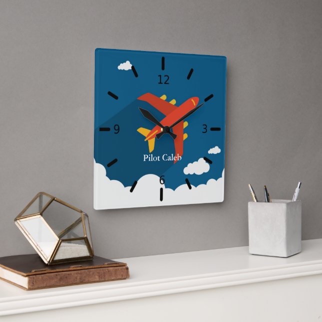 Relógio Quadrado Airplane Above Clouds Personalized Gift for Boys (Escritório)
