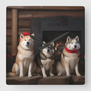 Relógio Quadrado Akita ao lado da Lareira Natal