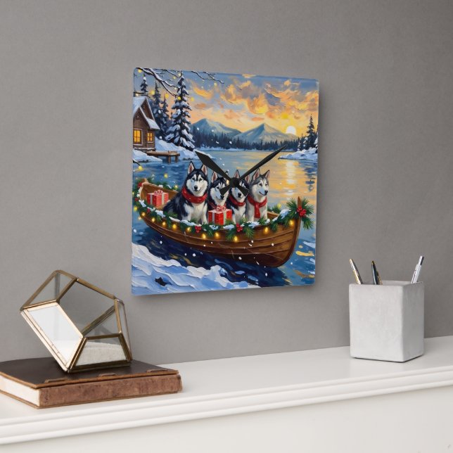 Relógio Quadrado Alaskan Malamute Christmas Boat Holiday (Escritório)