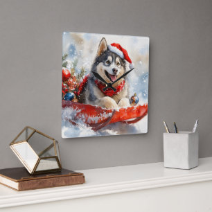 Relógio Quadrado Alaskan Malamute em Sledge Deixe-o nevar no Natal