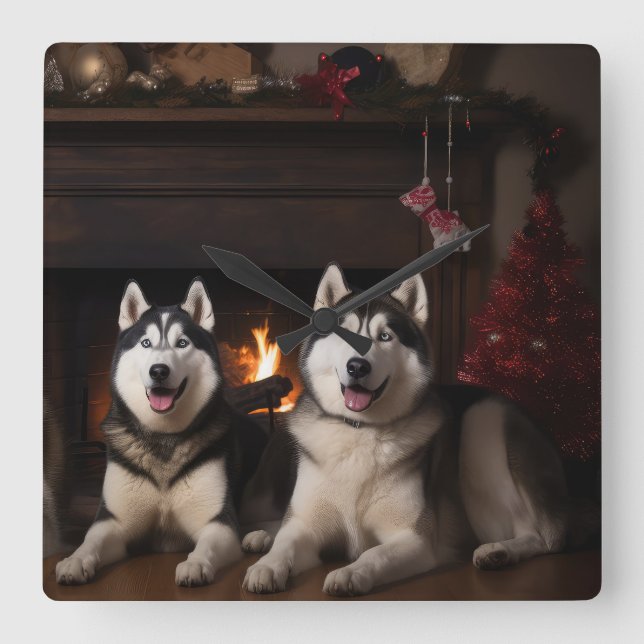 Relógio Quadrado Alaskan Malamute na Lareira de Natal (Frente)
