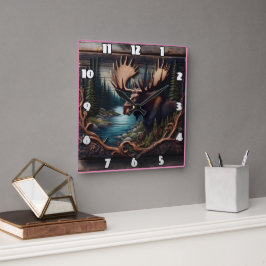 Relógio Quadrado Alce na Floresta por um Rio em Dusk