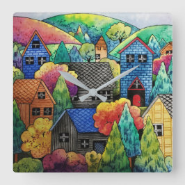 Relógio Quadrado Aldeia Do Lado Da Água Com Casas Coloridas