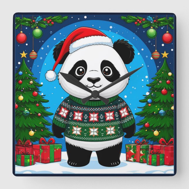 Relógio Quadrado 🐼 Alegria Natalina Panda Estilo Caseiro (Frente)