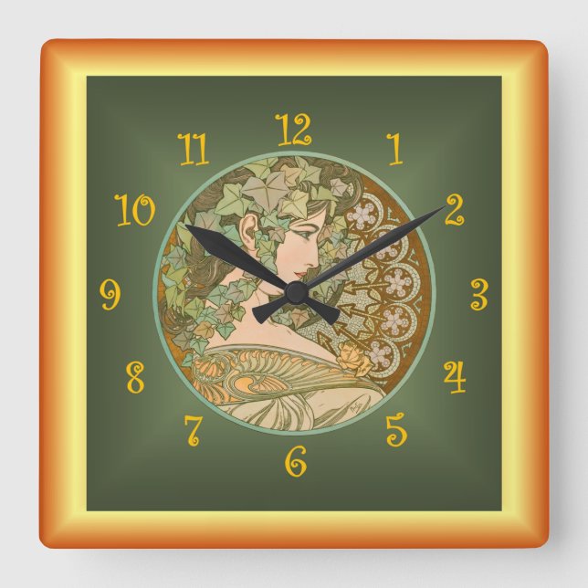 Relógio Quadrado Alfons Mucha ~ Le Lierre 01 ~ Ivy ~ Art Nouveau (Frente)