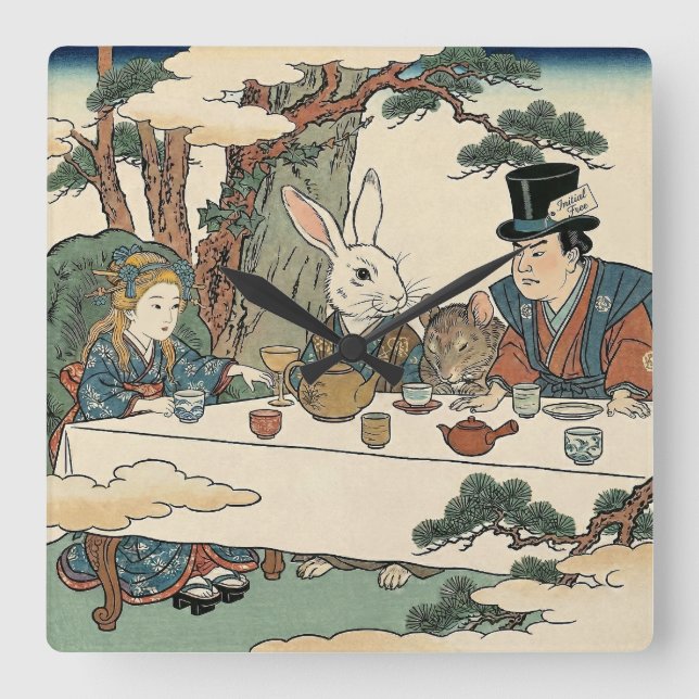 Relógio Quadrado Alice Lost in Japan | Ukiyo-e Mad Tea Party (Frente)