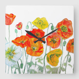 Relógio Quadrado Almofada Aquarela Amarelo Laranja Vermelho Papoula