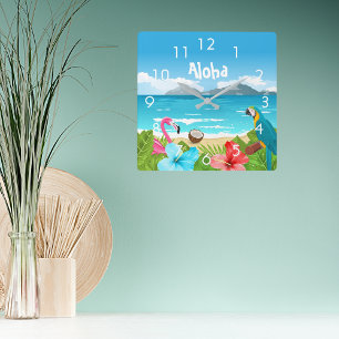 Relógio Quadrado Aloha tropical beach flamingo florals