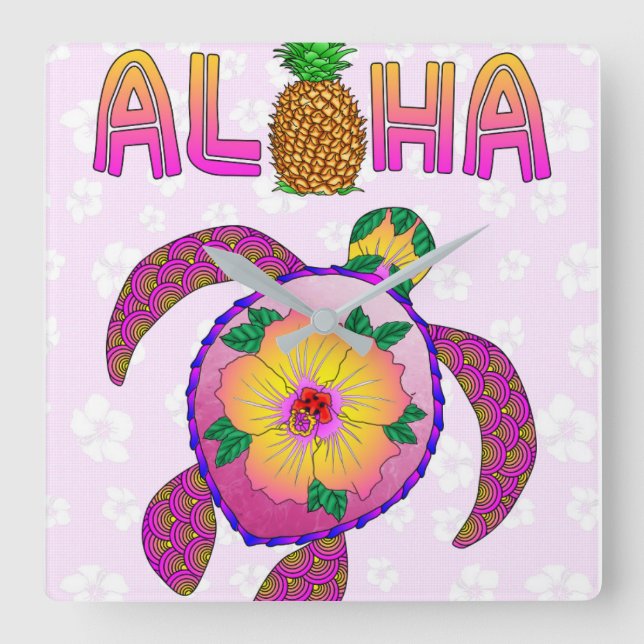 Relógio Quadrado Aloha Tropical Turtle (Frente)