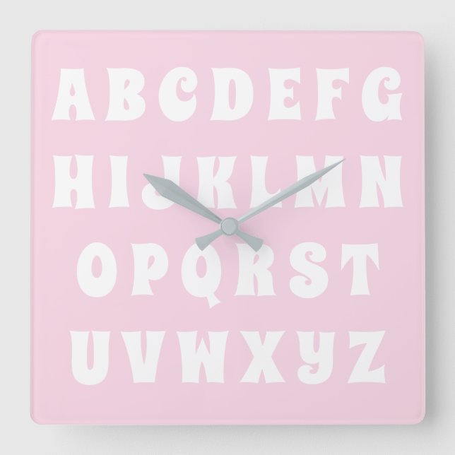 Relógio Quadrado Alphabet Abc padrão cor-de-rosa infantil branco qu (Frente)