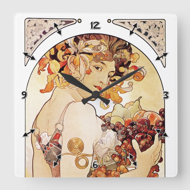 Relógio Quadrado Alphonse Mucha Lady Com Fruta (Frente)