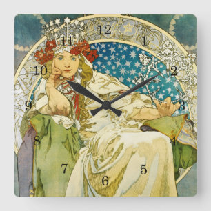 Relógio Quadrado Alphonse Mucha Princess Hyacinth Art Nouveau