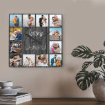 Relógio Quadrado Amando a vida com você Cita 12 Cinzas Fotográficas<br><div class="desc">Relógio de fotos com citação feliz e 12 de suas fotos favoritas de família e amigos. O modelo de foto está configurado para você criar sua própria colagem de fotos no estilo de grade para enquadrar a citação dizendo "amar a vida com você". O design é escrito em uma escrita...</div>