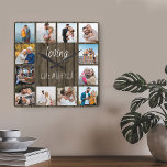 Relógio Quadrado Amando a vida com você Cite 12 Foto de Madeira<br><div class="desc">Relógio fotográfico com citação feliz e 12 de suas fotos favoritas de família e amigos. O modelo de foto está configurado para você criar sua própria colagem de fotos no estilo de grade para enquadrar a citação que diz "amar a vida com você". O design é escrito em uma escrita...</div>