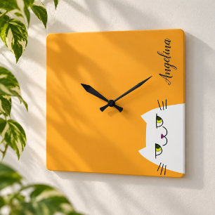 Relógio Quadrado Amarelo branco engraçado do monograma do gato dos