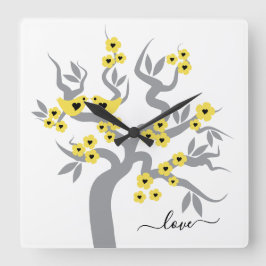 Relógio Quadrado Amarelo, cinzas Adoram cerejeira e flores