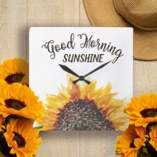 Relógio Quadrado Amarelo Marrom Girassol Branco Bom Dia Brilho