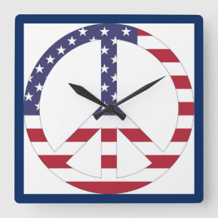 RELÓGIO QUADRADO AMERICAN FLAG PEACE SIGN