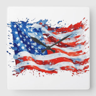 Relógio Quadrado American Flag USA Watercolor 4 de julho