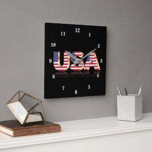 Relógio Quadrado American Flag Wall Clock EUA