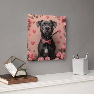 Relógio Quadrado American Staffordshire com Rosas -Dia dos Namorado
