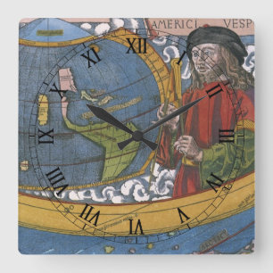 Relógio Quadrado Amerigo Vespucci Explorador em um Mapa das América