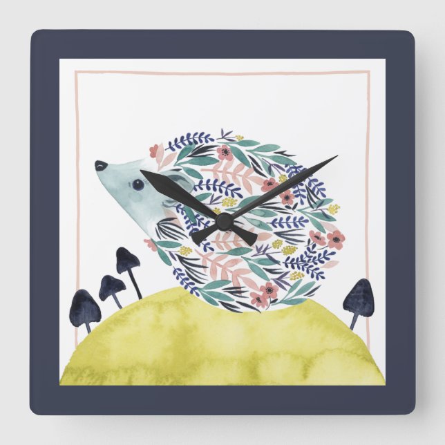 Relógio Quadrado Amigos de Clementine| Folk Art Hedge Hog (Frente)