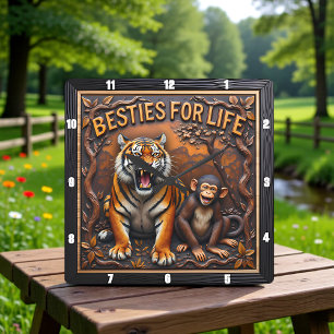 Relógio Quadrado Amigos Macaco Tigre Selva